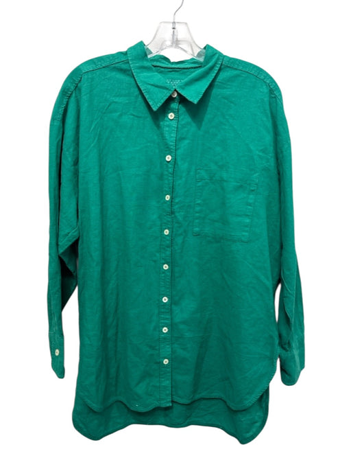 Maeve Size M Green Linen & Cotton Button Front Long Cuff Sleeve Collared Top Green / M