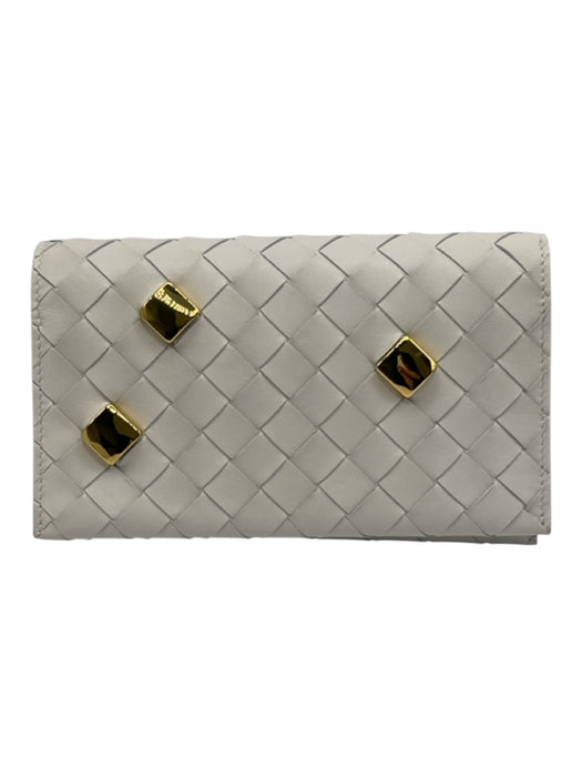Bottega Veneta Ivory Calfskin Leather Woven Crossbody Snap Button Wallets Ivory