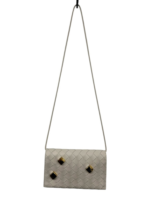 Bottega Veneta Ivory Calfskin Leather Woven Crossbody Snap Button Wallets Ivory