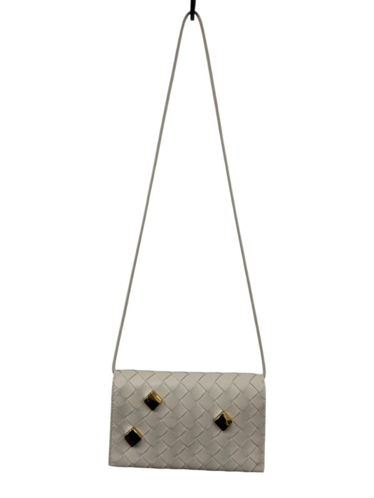 Bottega Veneta Ivory Calfskin Leather Woven Crossbody Snap Button Wallets Ivory