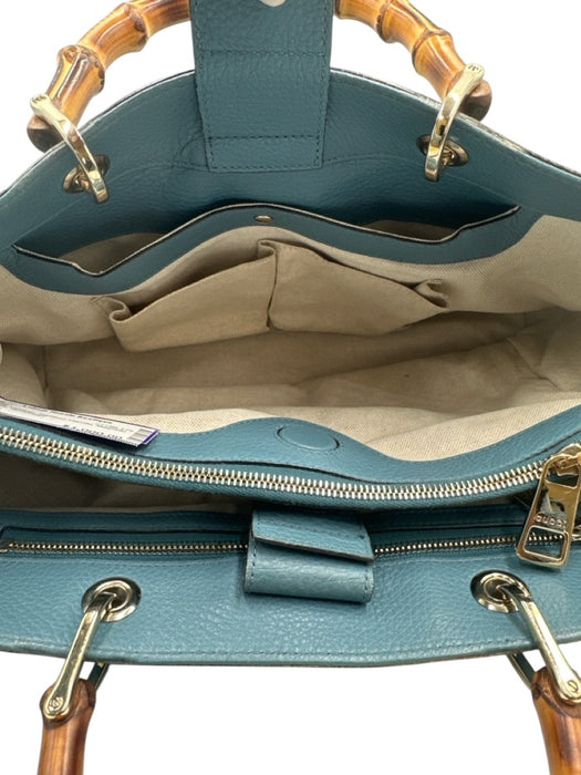 Gucci Blue Leather Bamboo Handle Magnetic Close Bag Blue