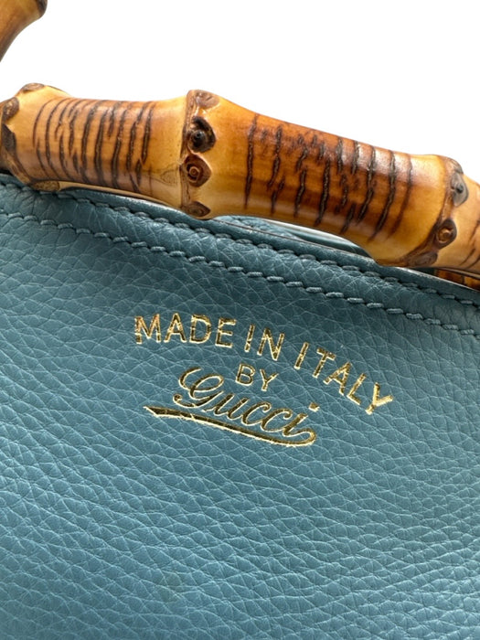 Gucci Blue Leather Bamboo Handle Magnetic Close Bag Blue