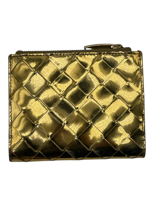 Bottega Veneta Gold Leather Snap Closure Woven Metallic Card Slots Wallets Gold