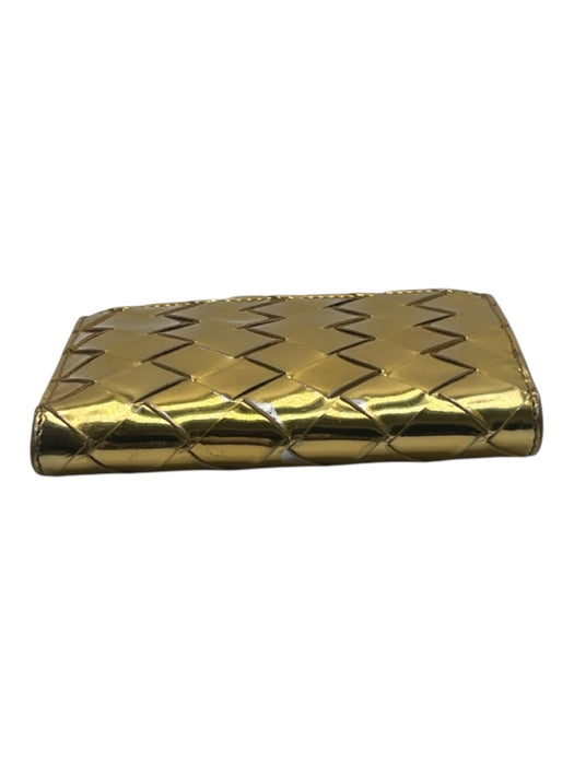 Bottega Veneta Gold Leather Snap Closure Woven Metallic Card Slots Wallets Gold