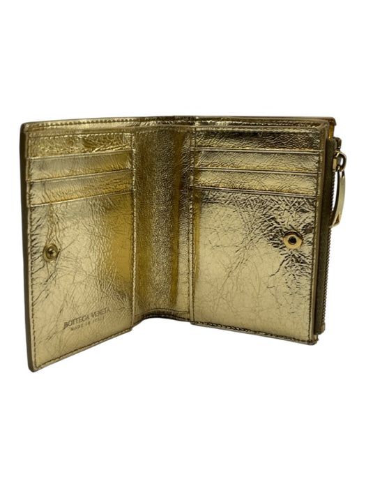Bottega Veneta Gold Leather Snap Closure Woven Metallic Card Slots Wallets Gold