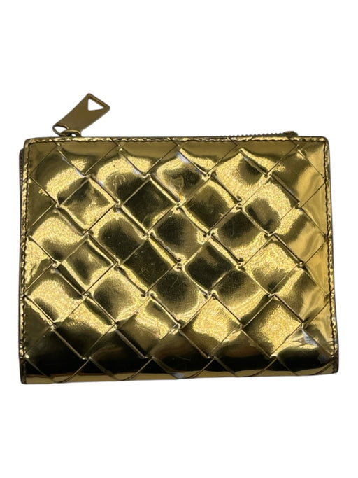 Bottega Veneta Gold Leather Snap Closure Woven Metallic Card Slots Wallets Gold
