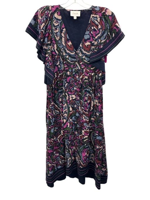 Cleobella Size M Navy Blue, Purple & Multi Cotton Abstract Print V Neck Dress Navy Blue, Purple & Multi / M