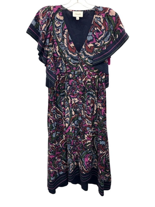 Cleobella Size M Navy Blue, Purple & Multi Cotton Abstract Print V Neck Dress Navy Blue, Purple & Multi / M