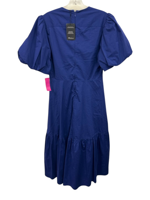 Shoshanna Size 8 Blue Cotton Blend Short Puff Sleeve Bow Detail V Neck Dress Blue / 8