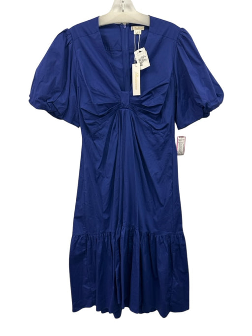 Shoshanna Size 8 Blue Cotton Blend Short Puff Sleeve Bow Detail V Neck Dress Blue / 8