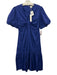 Shoshanna Size 8 Blue Cotton Blend Short Puff Sleeve Bow Detail V Neck Dress Blue / 8