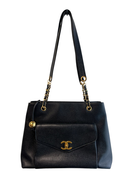 Chanel Black Leather goldtone hardware Front Pocket Interior Zip Pocket Bag Black / Large