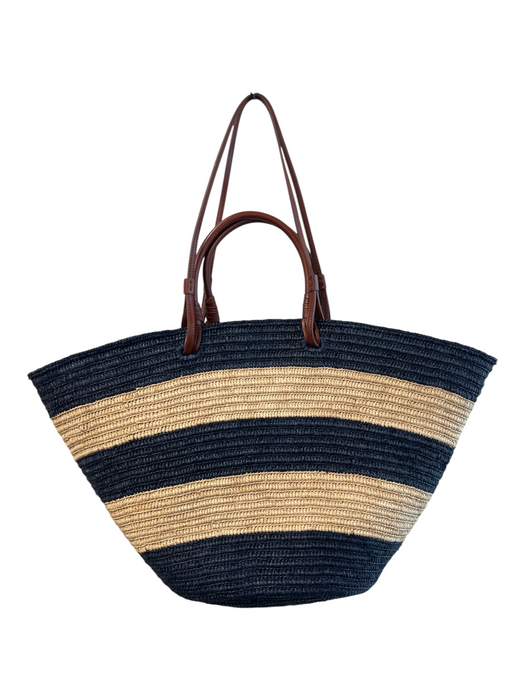 Sezane Navy & Tan Straw Leather straps Double Handle Striped Tote Bag Navy & Tan / Large