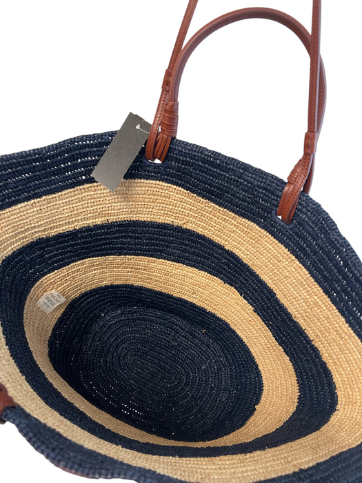 Sezane Navy & Tan Straw Leather straps Double Handle Striped Tote Bag Navy & Tan / Large
