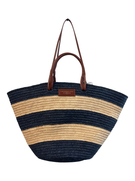 Sezane Navy & Tan Straw Leather straps Double Handle Striped Tote Bag Navy & Tan / Large