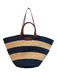 Sezane Navy & Tan Straw Leather straps Double Handle Striped Tote Bag Navy & Tan / Large