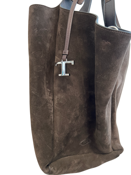 Tods Chocolate Suede Shoulder Bag Hook Closure Interior Pouch Slouchy Bag Chocolate / Large