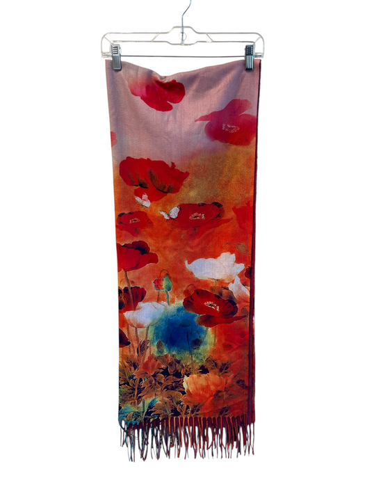 No Brand Orange, Blue & Multi Laine blend Fringe Floral scarf Orange, Blue & Multi / Large