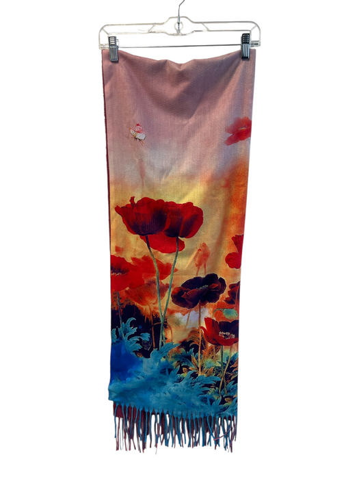 No Brand Orange, Blue & Multi Laine blend Fringe Floral scarf Orange, Blue & Multi / Large