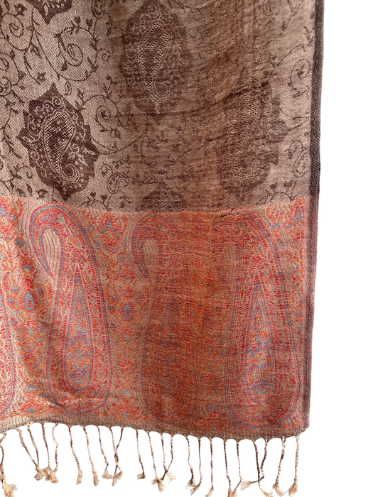 Pashmina Brown, Orange & Multi Cashmere Fringe Paisley All Over Print scarf Brown, Orange & Multi / Large