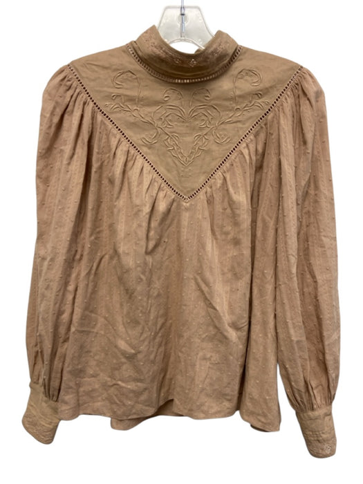 Hunter Bell Size S Taupe 100% Cotton Embellished Mock Neck Puff Long Sleeve Top Taupe / S