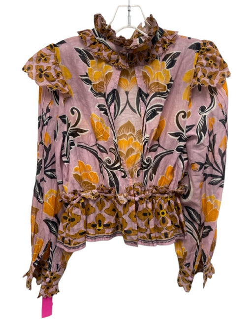 Farm Rio Size XS Purple Multi 100% Cotton Ruffle Detail Floral Long Sleeve Top Purple Multi / XS