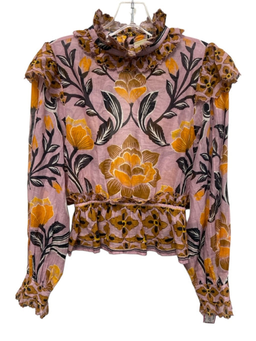 Farm Rio Size XS Purple Multi 100% Cotton Ruffle Detail Floral Long Sleeve Top Purple Multi / XS