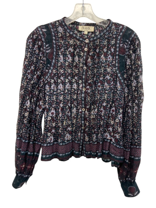 Sea Size S Blue & Purple 100% Cotton Floral & Abstract Button Down Top Blue & Purple / S