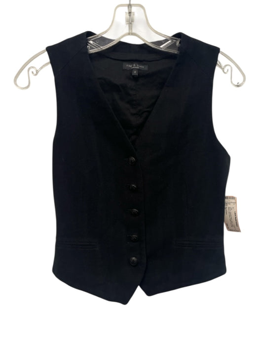 Rag & Bone Size 2 Black Cotton Blend Sleeveless Button Front Welt Pocket Top Black / 2