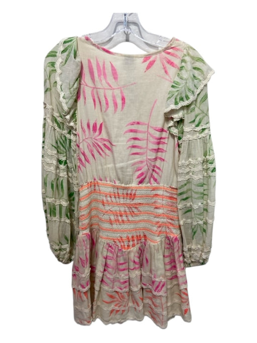 Hemant & Nandita Size XS Cream & Multi Cotton Tie Detail Lace Trim Smocked Dress Cream & Multi / XS