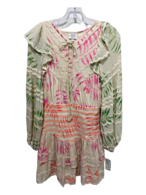 Hemant & Nandita Size XS Cream & Multi Cotton Tie Detail Lace Trim Smocked Dress Cream & Multi / XS