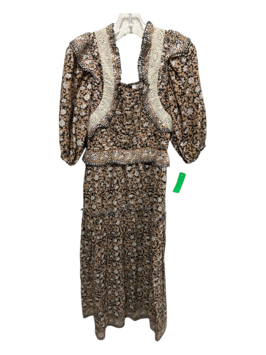 Sea New York Size XS Black, Orange, White Cotton Short Puff Sleeve Floral Dress Black, Orange, White / XS