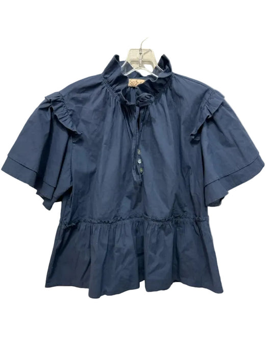 Sofia Size Est M Blue Cotton Blend V Neck 1/2 Button Wide Short Sleeve Top