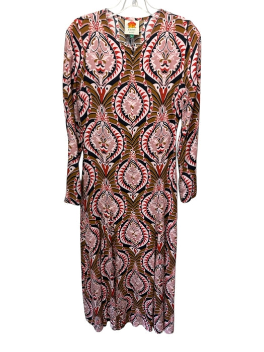 Farm Rio Size XS Red, Brown & Black Viscose Abstract Long Sleeve Maxi Dress Red, Brown & Black / XS