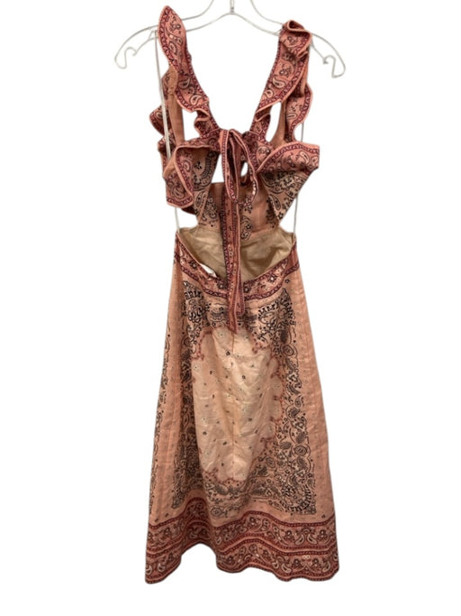 Zimmermann Size 1 Pink Cotton Tie Back Paisley Ruffle Straps Midi Dress Pink / 1