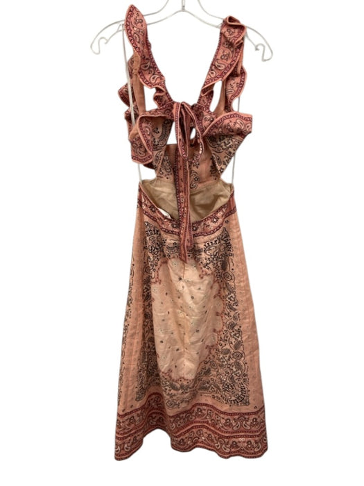 Zimmermann Size 1 Pink Cotton Tie Back Paisley Ruffle Straps Midi Dress Pink / 1