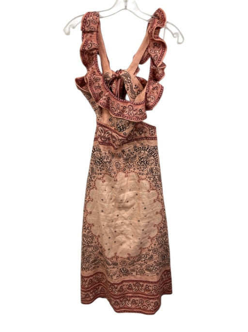 Zimmermann Size 1 Pink Cotton Tie Back Paisley Ruffle Straps Midi Dress Pink / 1