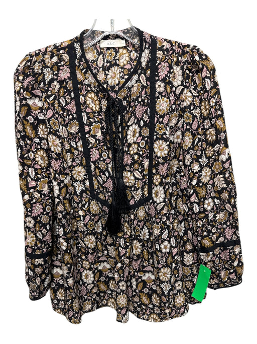 A.L.C. Size 4 Black, Pink, Brown Silk Long Sleeve Floral Neck Tie High Neck Top Black, Pink, Brown / 4