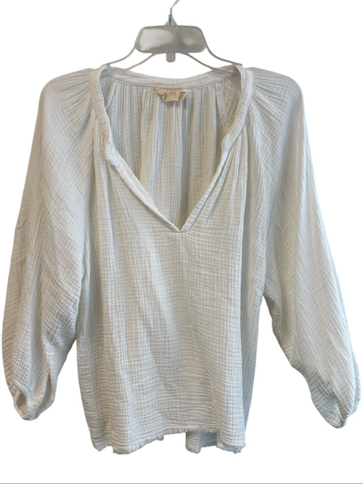 Nation Size M White Cotton Long Sleeve solid color V Neck Balloon Sleeve Top White / M