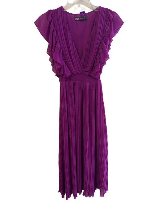 Zara Size XS Purple Polyester V Neck Ruffle Cap Sleeve Pleated Maxi Dress Purple / XS