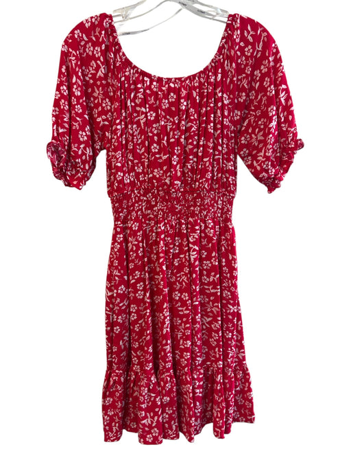 Apricot Size 4 Red & White Viscose V Neck Short Puff Sleeve Floral Dress Red & White / 4