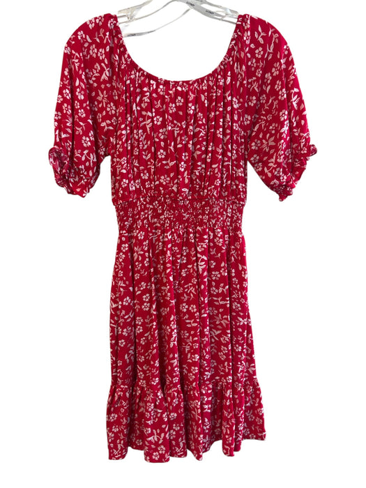 Apricot Size 4 Red & White Viscose V Neck Short Puff Sleeve Floral Dress Red & White / 4