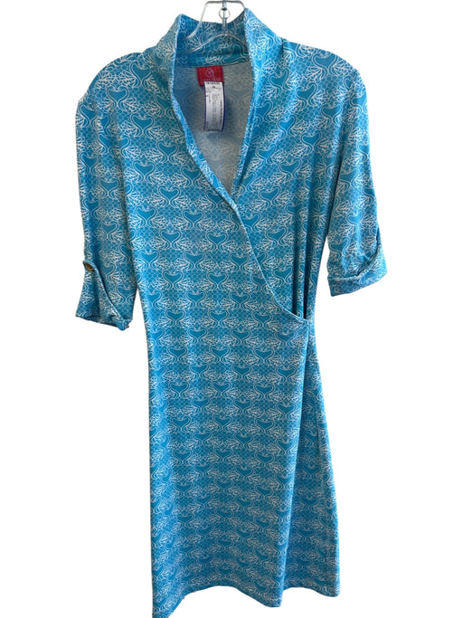 Lissa Mar Size 6 Blue Nylon V Neck 1/2 Sleeve Swan Pattern Below knee Dress Blue / 6