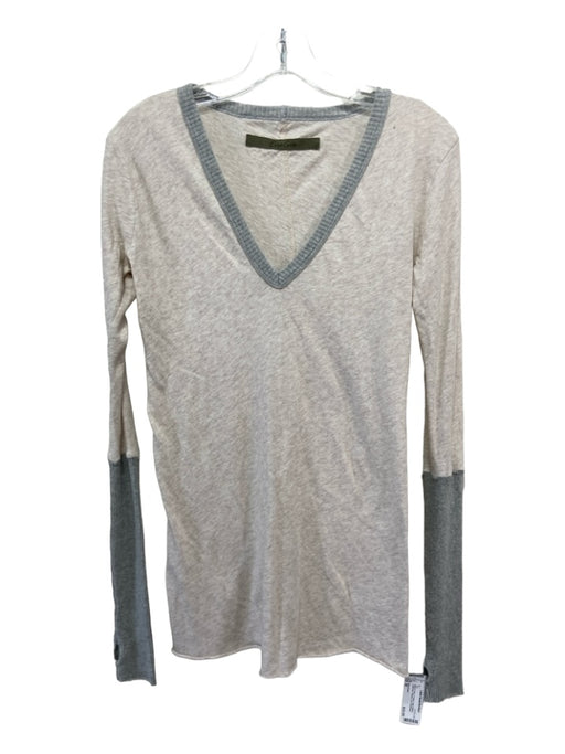 Enza Costa Size M Beige & Gray V Neck Long Sleeve Colorblock Ribbed Trim Top Beige & Gray / M