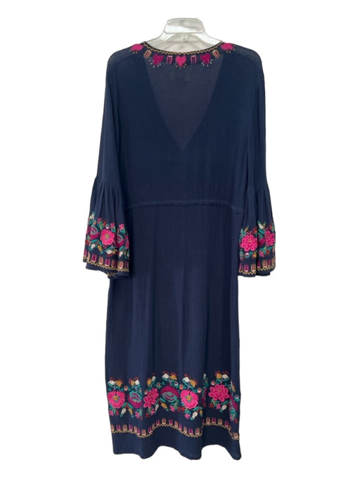 Figue Size M Navy Blue, Pink, Multi Cotton Embroidered Flowers V Neck Dress Navy Blue, Pink, Multi / M