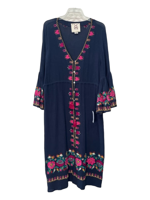 Figue Size M Navy Blue, Pink, Multi Cotton Embroidered Flowers V Neck Dress Navy Blue, Pink, Multi / M