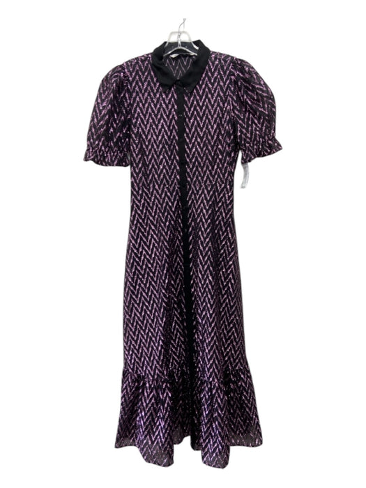 Zara Size L Purple & Black Poly Blend Metallic Thread Maxi Button Up Dress Purple & Black / L