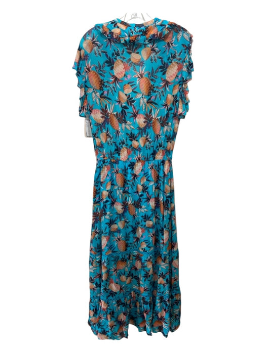 Farm Rio Size L Blue, Orange, Purple Viscose Floral & Pineapple V Neck Dress Blue, Orange, Purple / L