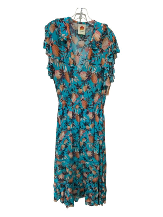 Farm Rio Size L Blue, Orange, Purple Viscose Floral & Pineapple V Neck Dress Blue, Orange, Purple / L