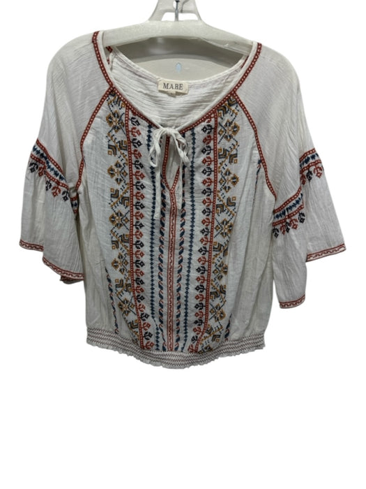 MABE Size L White, Orange, Blue Cotton Embroidered Tie Neck Smocked Hem Top White, Orange, Blue / L